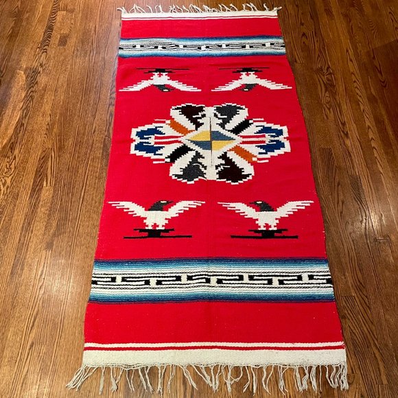 Vintage Navajo Southwest Woven Blanket Shawl Poncho Wrap, Red Black Blue Yellow - Picture 2 of 10